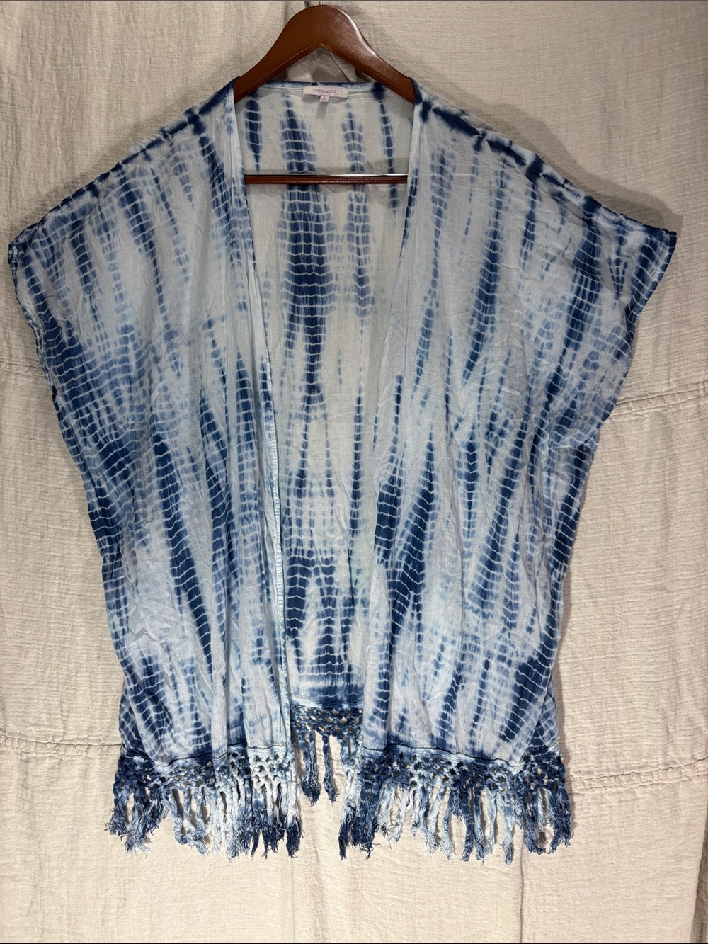 Crystal & Violet Tie Dye Kimono Cardigan Open Front Fringe Boho M 100% Cotton